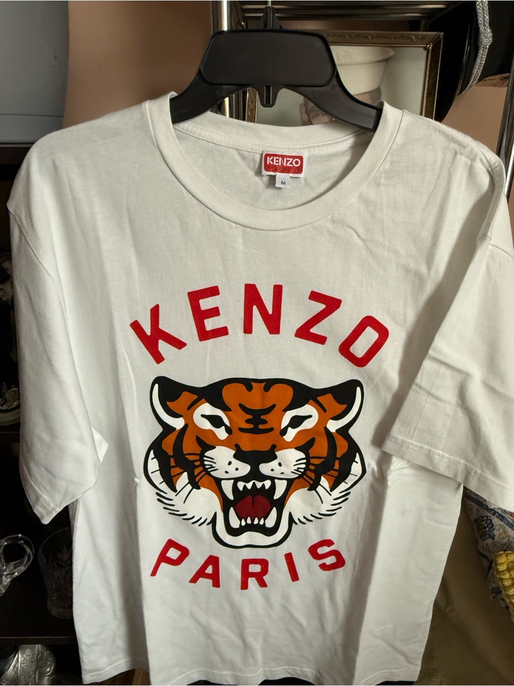 Kenzo White Tee with Red Logo and Orange Tiger Graphic